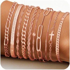 Gold Women’s Stack Bracelets Set 10 Pcs Rose Gold Chain & Paper Clip Jewelry